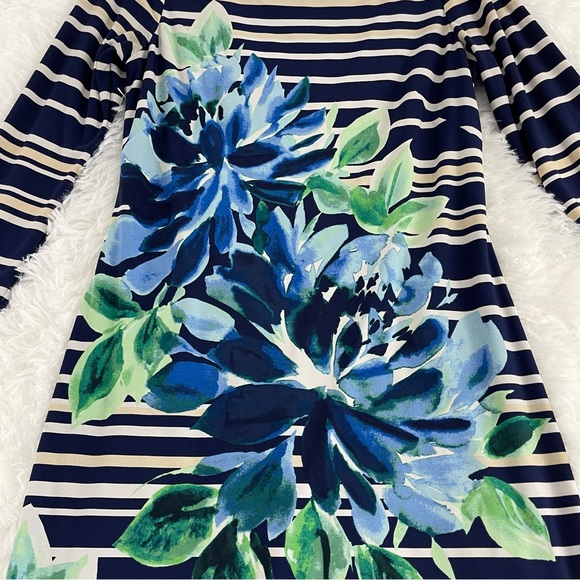 VINCE CAMUTO Navy Blue Striped Iris Dress Women’s Size 8 3/4 Sleeve Zip Back - Picture 3 of 7